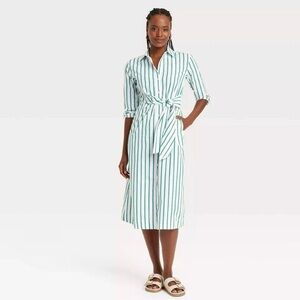 Universal Thread Green, Navy, and White Striped, Tie Waist, Midi Dress, XXL